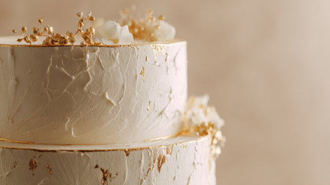 This beautiful wedding cake features elegant gold and white decorations.