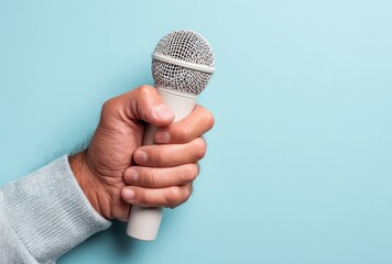 Close-up of a hand holding a microphone against a light blue background. The grip is firm. Soft sweater sleeve is visible. Studio shot
