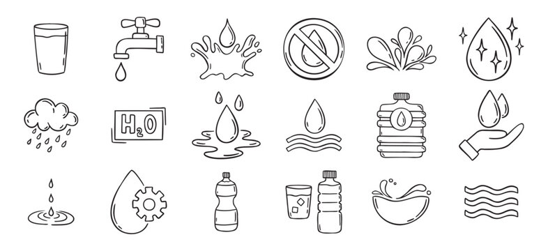 Water doodle hand drawn icons set. Water drawing sketch signs 
