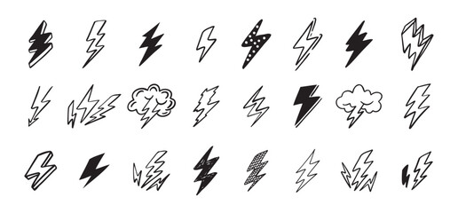 Doodle set lightning line art. Hand drawn lightning icons