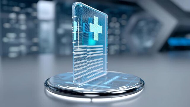 Futuristic medical record hologram with transparent screen, glowing cross and patient data showcasing AI clinical trial documentation and advanced