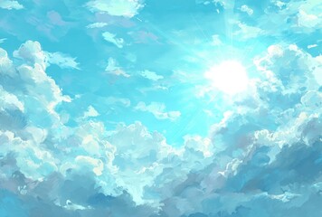 A vibrant, upward view depicts soft, fluffy white clouds against a bright blue sky, with the sun shining prominently, creating a peaceful atmosphere