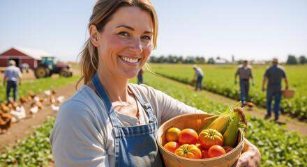 A joyful farmer smiles warmly, holding a basket of fresh produce in a sunlit field, embodying a sense of wholesome life, natural food, and hard work.