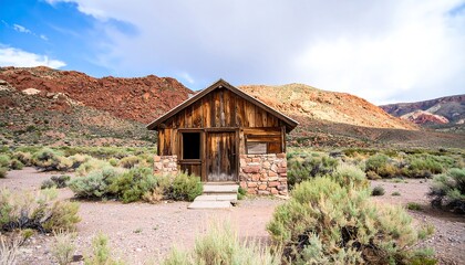 Rustic wooden cabin nestled in a desert canyon