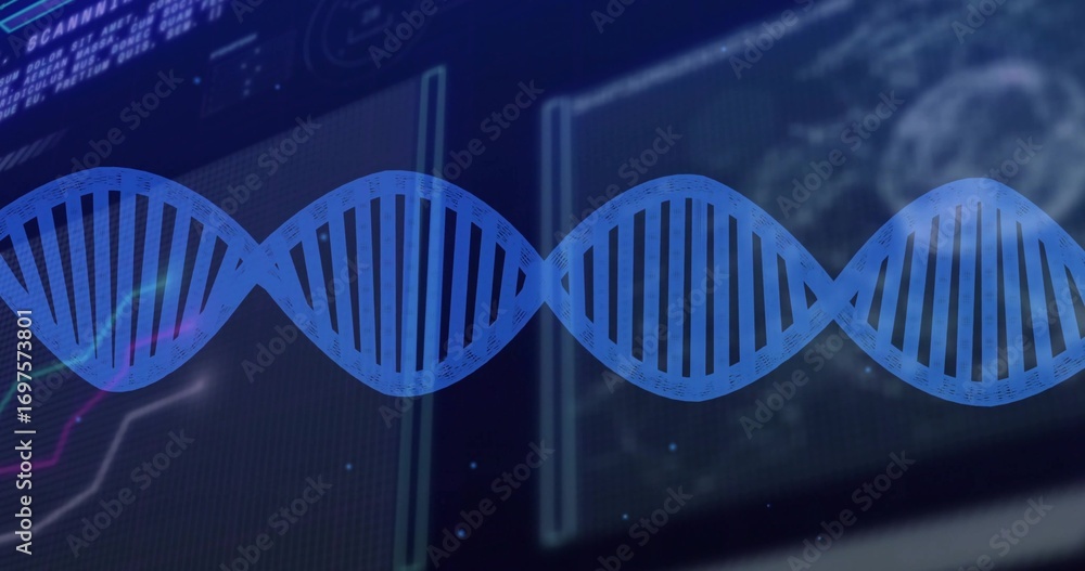 Aufkleber spanning blue dna helix on lab ui, with line graphs or alphanumeric readouts or data panels or globe