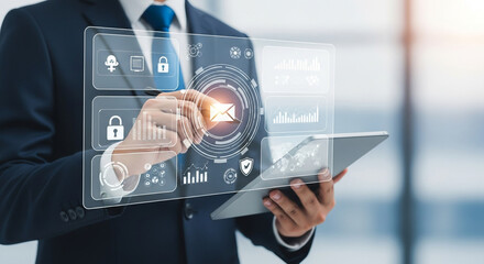 Professional businessman interacts with futuristic digital interface displaying data and security icons on tablet