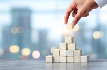 A hand places a block atop a pyramid of blocks against an out-of-focus city background