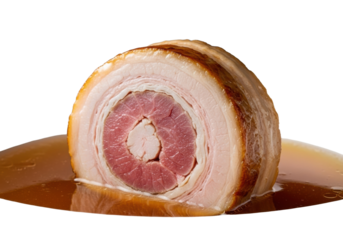 Ultra close-up of a perfectly rolled chashu pork slice with cooked red meat and translucent fat, glistening in amber ramen broth, sharp focus with creamy bokeh, gourmet japanese cuisine concept