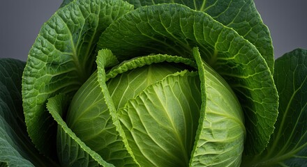 Obraz premium Fresh Green Cabbage Head with Detailed Leaf Texture on Grey Background
