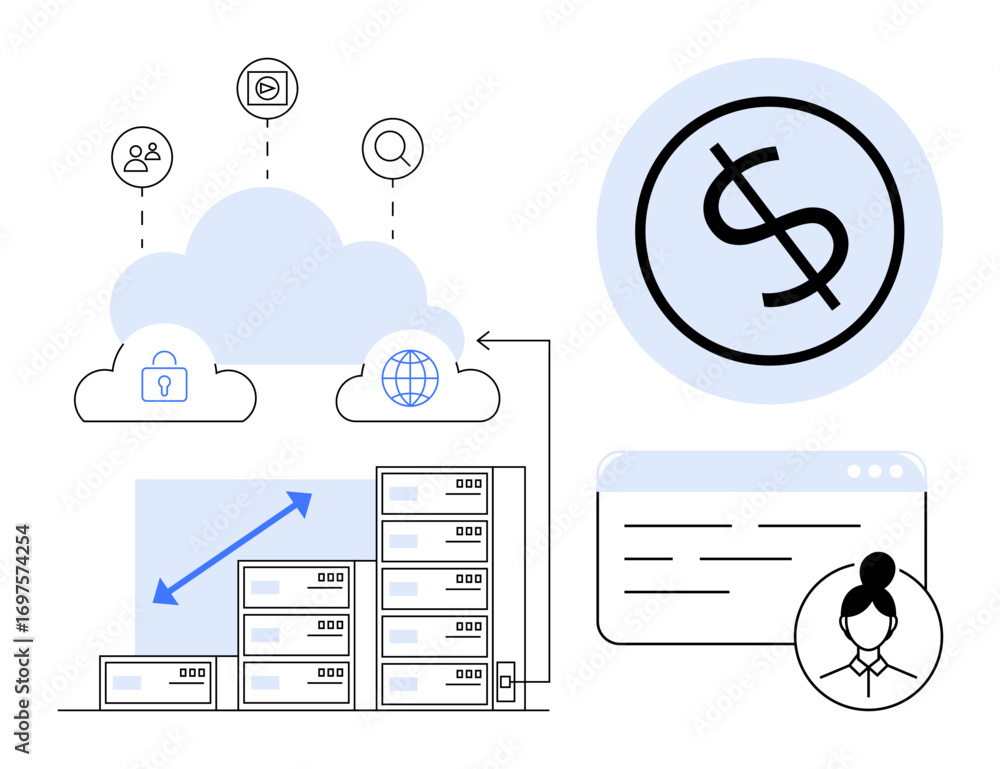 Poster cloud computing with servers, user icons, security, dollar symbol, and web elements. ideal for techn