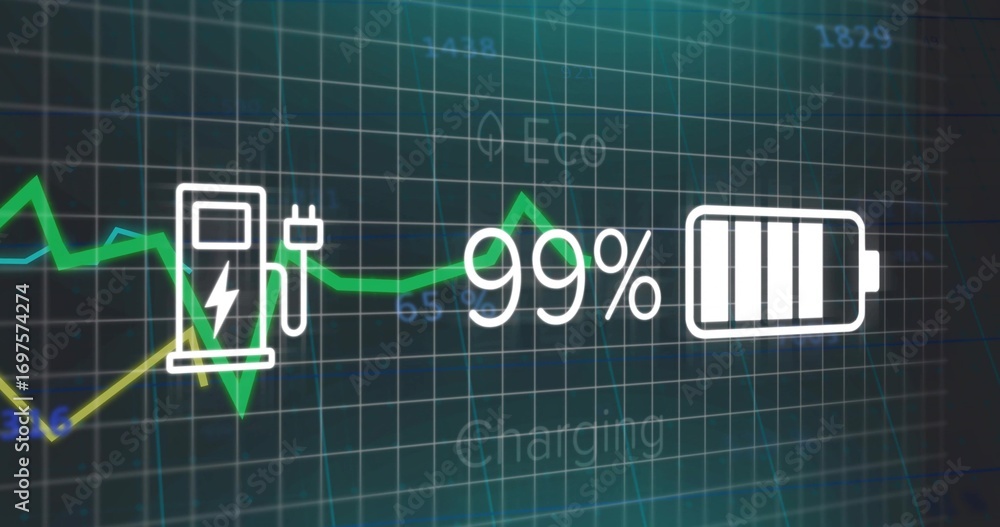 Poster displaying battery charging status at 99% on vehicle dashboard, with plug icon and line graph