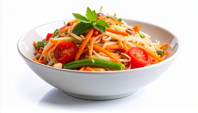 Delicious Thai Green Papaya Salad in Bowl with Carrots, Cherry Tomatoes, and Peanuts
