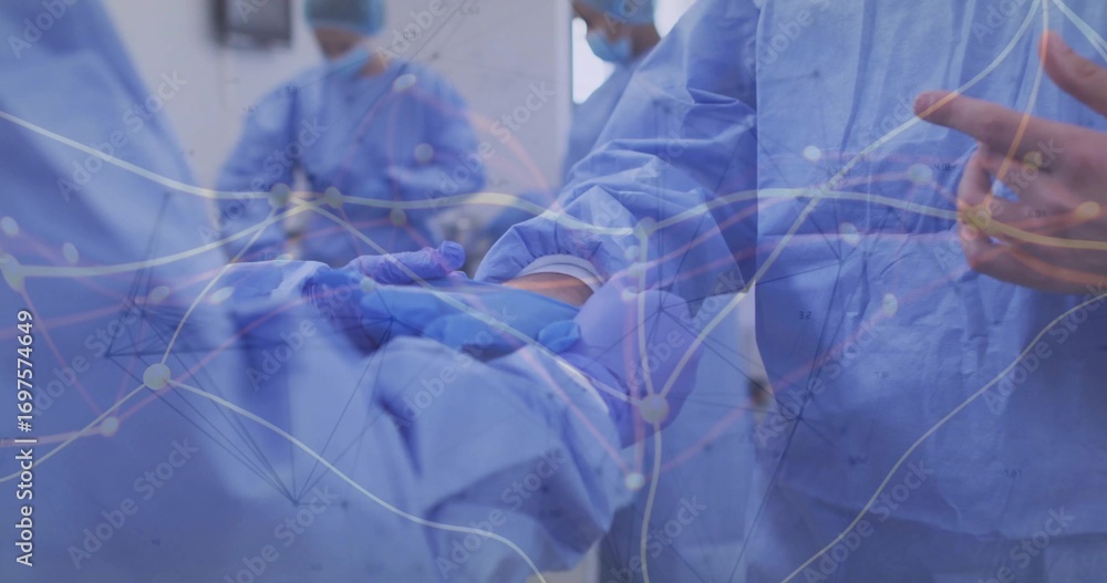 Poster passing scalpel between gloved hands over draped patient in operating room, with network overlay
