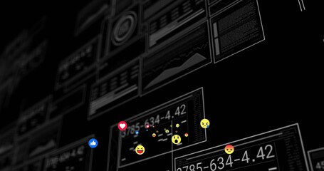 Displaying social media reaction emojis floating over digital interface panels, with numeric charts