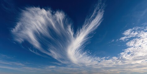 Wispy, feathery cirrus clouds streak across a vivid blue sky, creating a soft and dynamic aerial scene. Light and airy atmosphere abounds