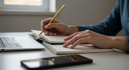 A person takes notes by hand with a yellow pencil, next to a laptop and smartphone.