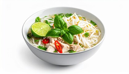 Authentic Vietnamese Pho Ga chicken noodle soup with fresh basil, bean sprouts, lime, and chili on white.