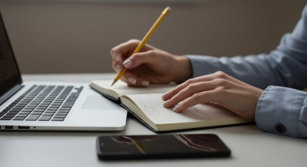 A person takes notes by hand with a yellow pencil, next to a laptop and smartphone.