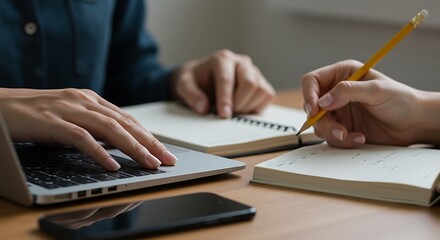 A person takes notes by hand with a yellow pencil, next to a laptop and smartphone.