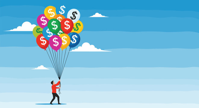 Man holding balloons filled with money symbolizing wealth growth and financial success soaring high