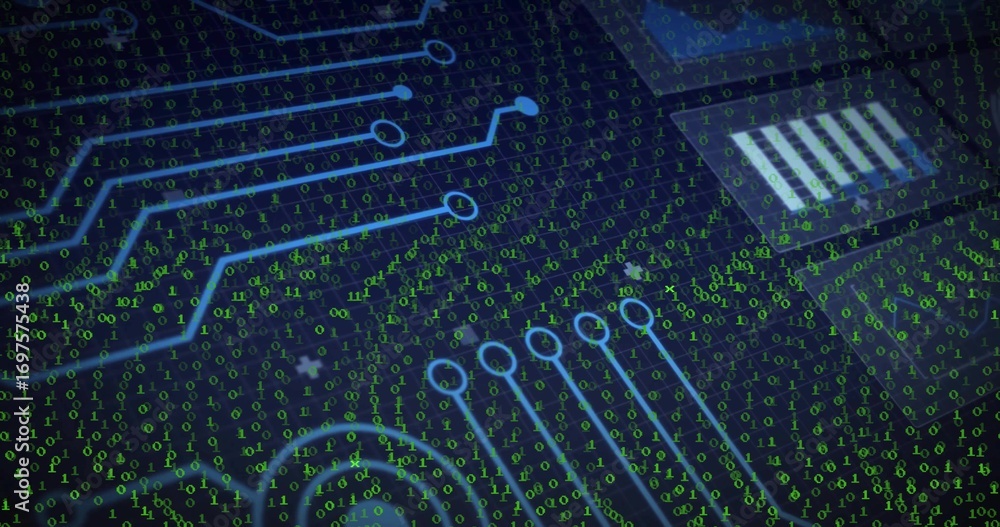 Poster displaying circuitry pattern in interface with board traces, chip outlines and green binary digits