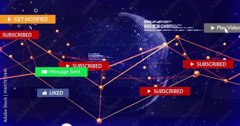 Poster Animating wireframe globe with orange nodes on virtual network, displaying notifications and code