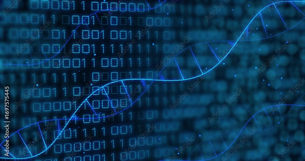 Poster displaying abstract digital environment with glowing binary code weaving through dna helices