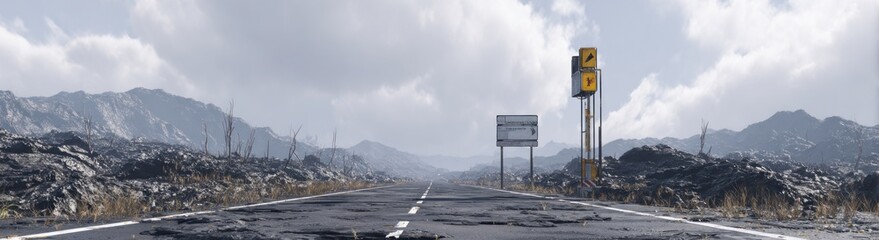 A desolate road stretches through a grey, mountainous landscape beneath a cloudy sky. Signs stand sentinel over a scene of isolation and decay