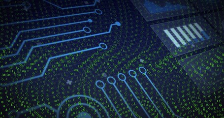 Displaying circuitry pattern in interface with board traces, chip outlines and green binary digits