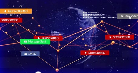 Animating wireframe globe with orange nodes on virtual network, displaying notifications and code