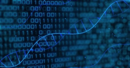Displaying abstract digital environment with glowing binary code weaving through DNA helices