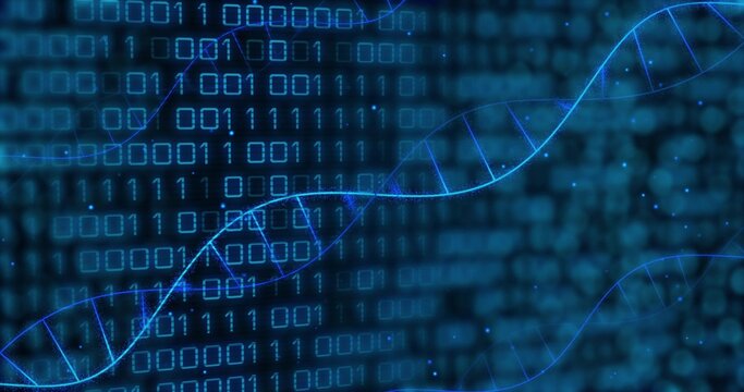 Displaying abstract digital environment with glowing binary code weaving through DNA helices