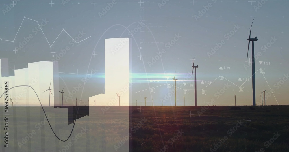Poster displaying turbines spinning over dusk grassland plain, with bar charts and line graphs overlay
