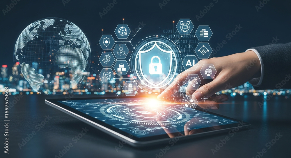 Poster secure global digital transformation with ai technology on tablet, protecting data and networks worl
