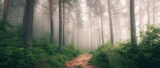 The Forest Path Through Misty Pines Evoking Calm, Mystery, and Adventure