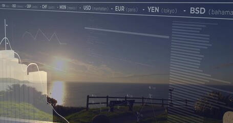 Displaying wooden bench and fence facing ocean at sunset on cliff, blending financial data overlay