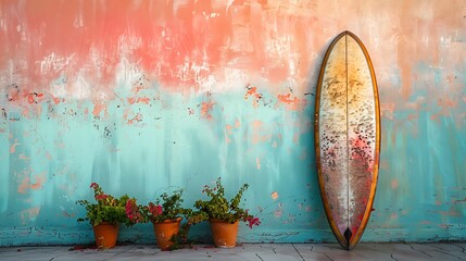 Naklejka premium Vintage surfboard rests against a colorful weathered wall with potted plants