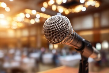 Microphone stands center stage, blurred audience seating glows behind, with warm lighting, creating a vibrant, professional atmosphere