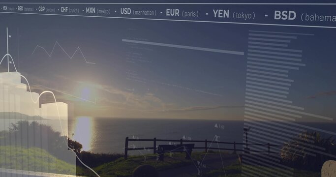 Fototapeta Displaying wooden bench and fence facing ocean at sunset on cliff, blending financial data overlay