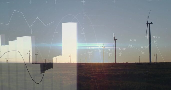 Displaying turbines spinning over dusk grassland plain, with bar charts and line graphs overlay