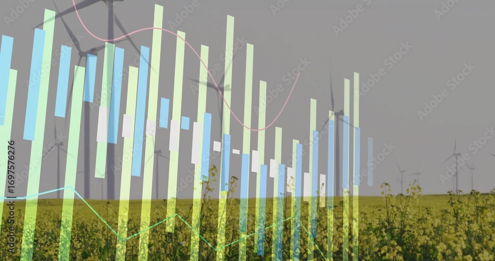 Poster displaying bar charts and line graphs spanning yellow crop field under overcast sky, wind turbines