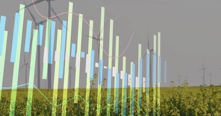 Displaying bar charts and line graphs spanning yellow crop field under overcast sky, wind turbines