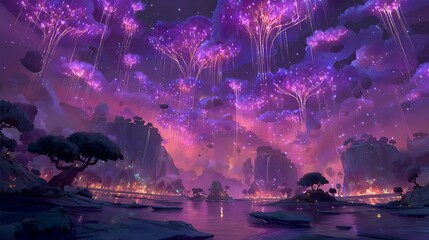 Islands suspended with glowing energy bridges in a purple twilight sky