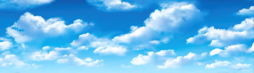 A cartoon rendering of a bright blue sky filled with fluffy white clouds, fading to a lighter blue towards the horizon
