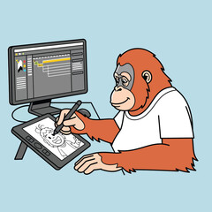 An imaginative orangutan artist skillfully creating digital art on a tablet while focused on a computer screen, embodying creativity and modern design