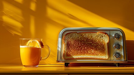 Toasted Bread Inside a Shiny Chrome Toaster Oven Next To Orange Juice