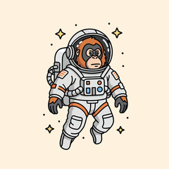 Whimsical cartoon orangutan astronaut in a white and orange space suit, adrift among stars