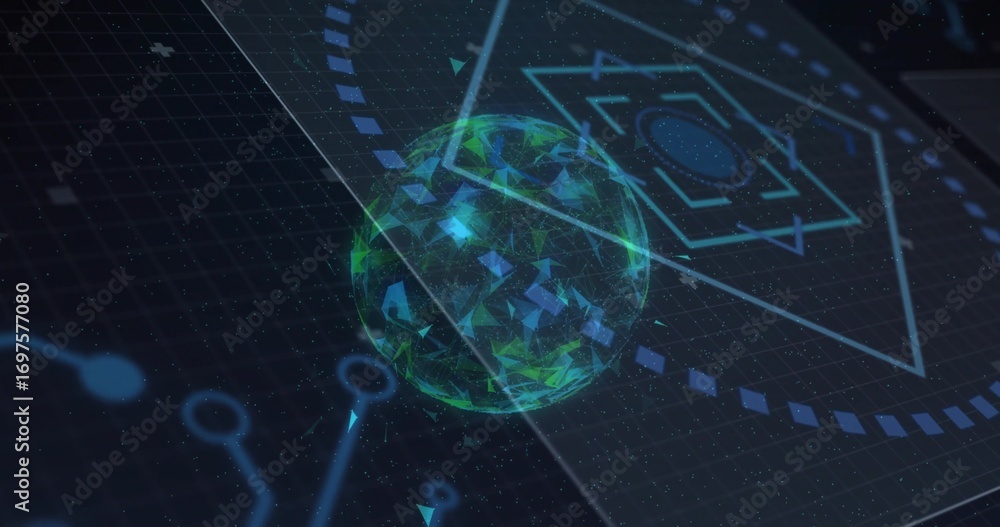 Aufkleber floating 3d sphere with triangular facets over digital circuit plane emitting particles
