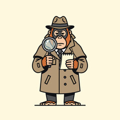 Cartoon orangutan detective in trench coat fedora holding magnifying glass and notepad investigating.