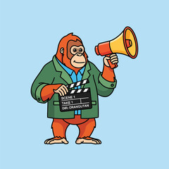 Cute cartoon orangutan in green jacket holding a film clapperboard and megaphone.